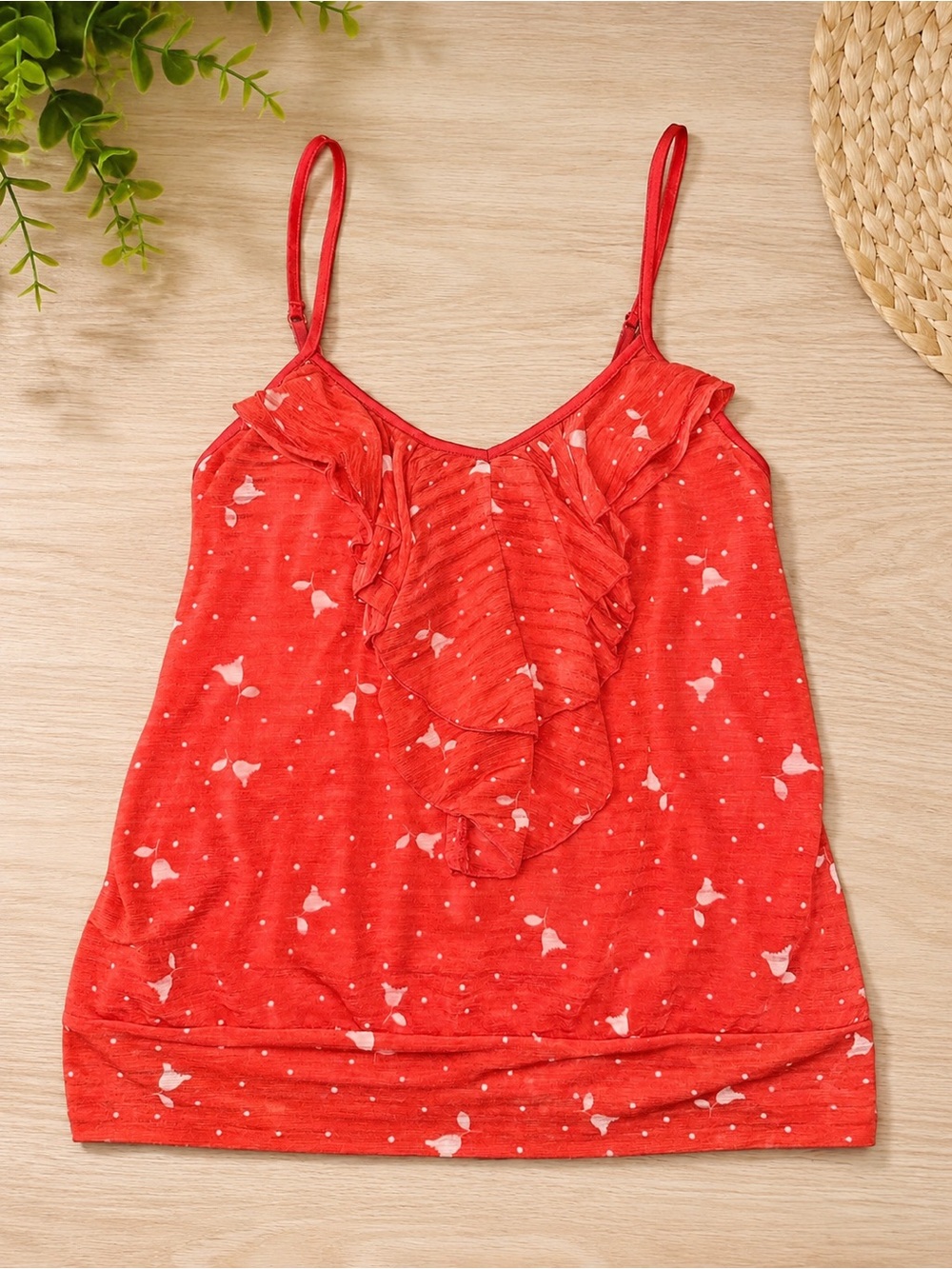 Red Ruffle Spaghetti Strap Tank Top